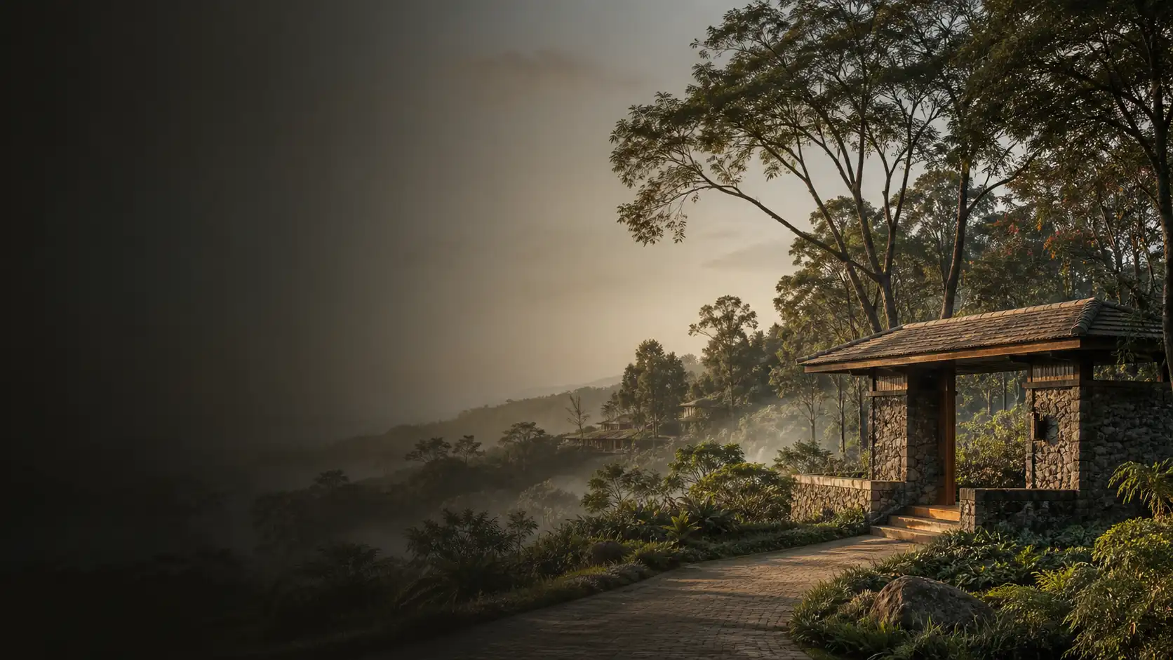 Conceptual coffee-country arrival in the Chikkamagaluru highlands