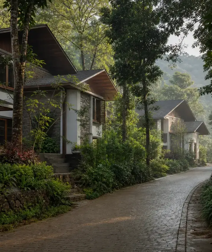 Prestige Chikmagalur, artistic impression A lane of low-rise homes with sloping roofs among the trees