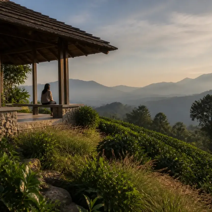 Prestige Chikmagalur, artistic impression A ridge pavilion looking over hills and coffee plantations at sunset