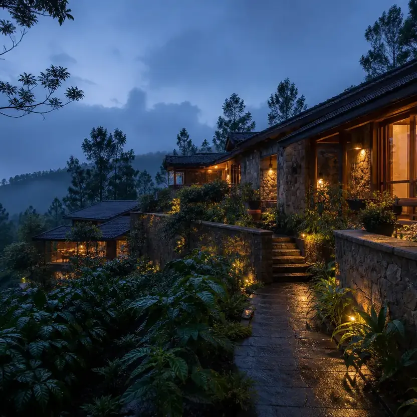 Prestige Chikmagalur, artistic impression Low-rise homes and a lit stone path at evening