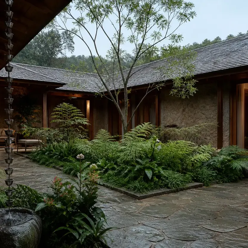 Prestige Chikmagalur, artistic impression A rain courtyard with a stone floor under deep eaves