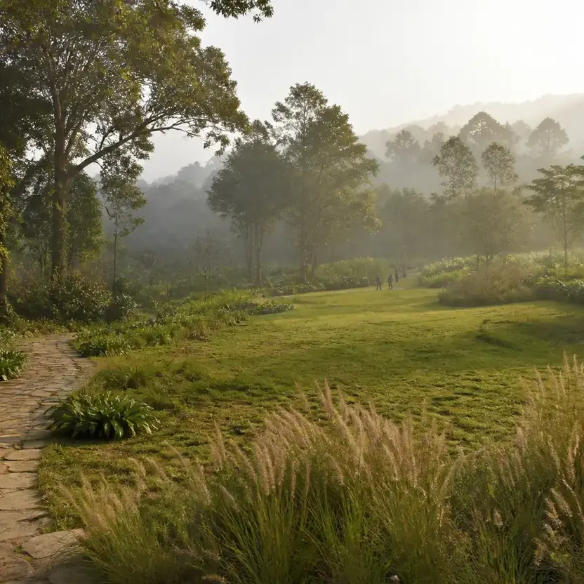 Prestige Chikmagalur, artistic impression An open meadow with misty hills beyond