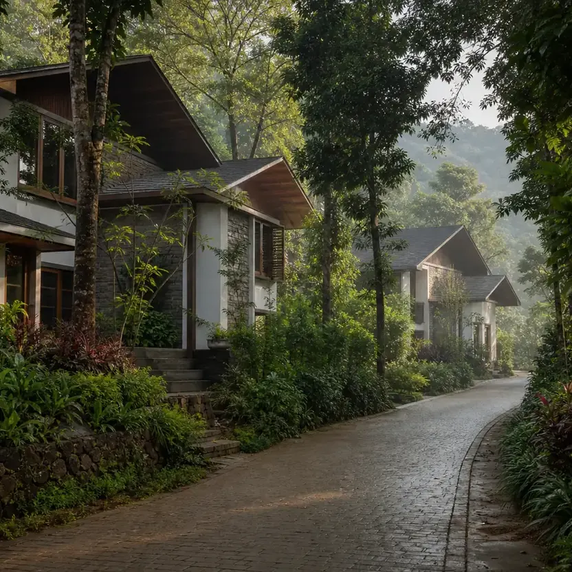 Prestige Chikmagalur, artistic impression A lane of low-rise homes with sloping roofs